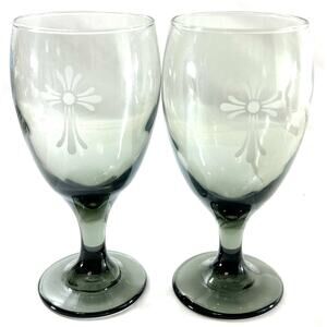 Vintage Etched Green Wine Goblets Pair Mid Century Smoke Glass 7”